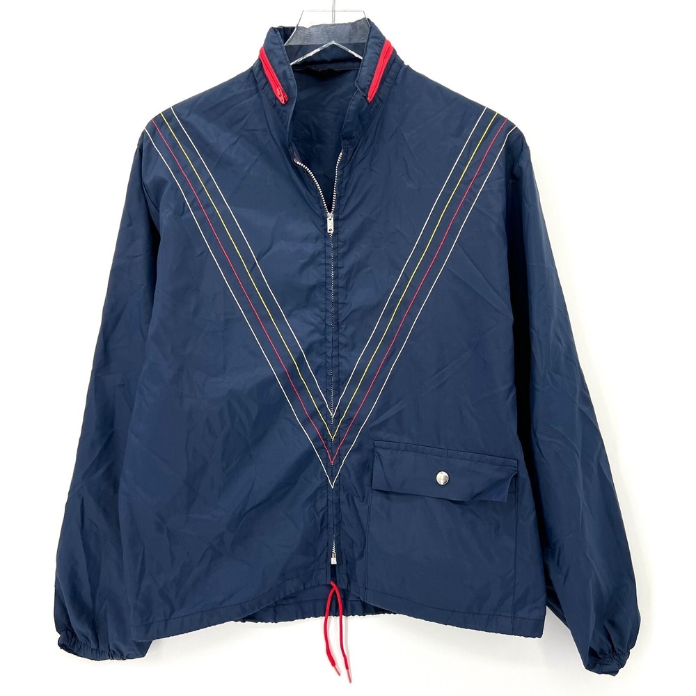 Vintage 80s Nortex Windbreaker Mens M Stripe Jacket Hidden Hood Zip Up Blue